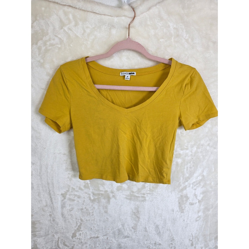 Fashion Nova Mustard Yellow V-Neck Short Sleeve Crop‎ Top RT63221 Womens Medium